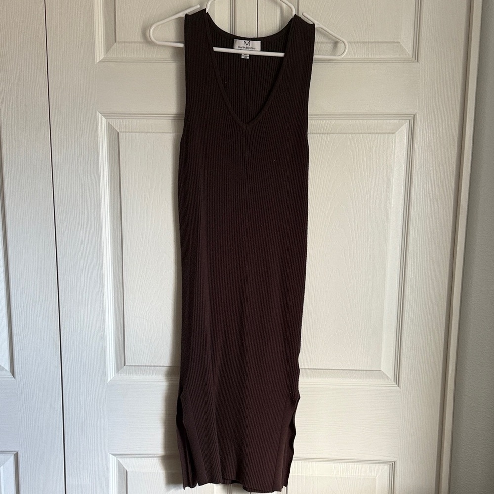 Magaschoni Ribbed V-Neck Midi Dress in Dark Brown